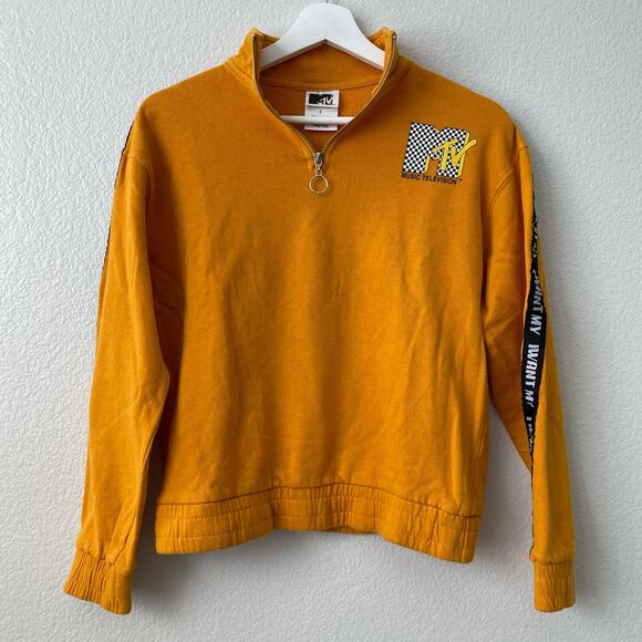 MTV Womens Mustard Yellow Quarter Zip Logo Sweater Longsleeve Sweater Size Small - Picture 1 of 8